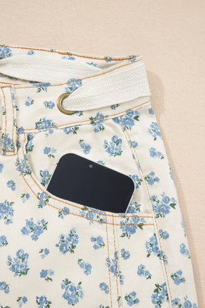 Grommet Knot Waist Floral Barrel Leg Jeans option 7