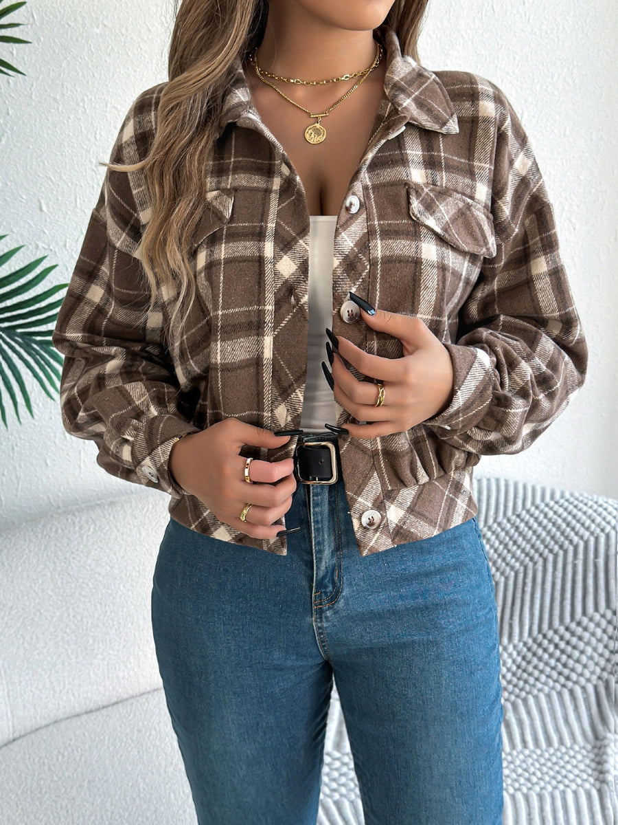 Cropped plaid shacket in taupe with gathered sleeves and button details.