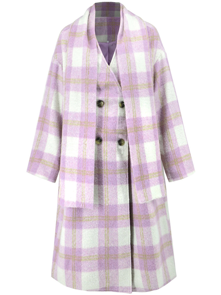 Pink purple plaid cocoon coat and scarf set with double-breasted buttons.