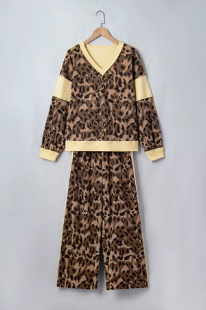 Leopard Print Long Sleeve V-neck Top & Pant Set option 5