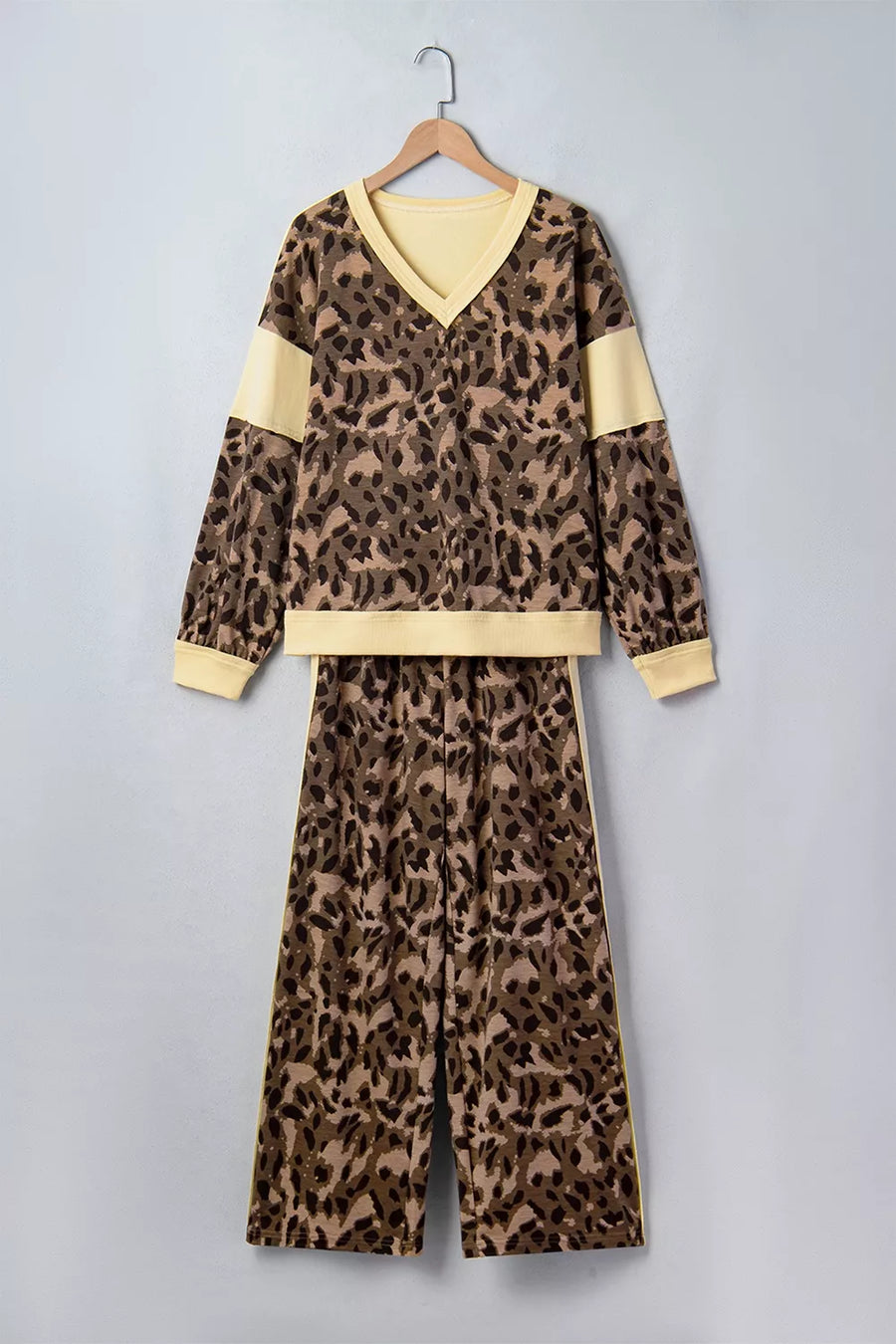 Leopard Print Long Sleeve V-neck Top & Pant Set option 5