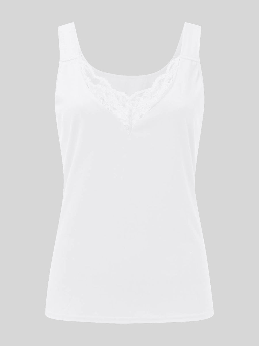 White ribbed tank top with lace inset neckline
