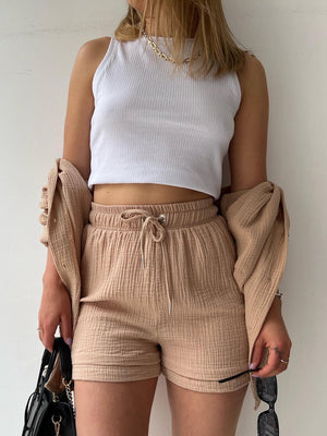 Textured gauze shirt and short co-ord set in Blush Pink