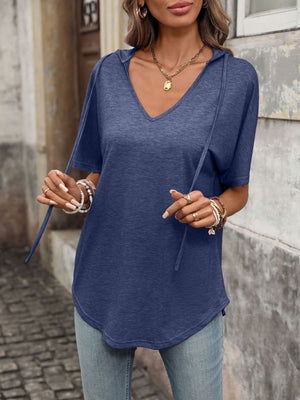 Navy hooded t-shirt with short sleeves, V-neck, and drawstring details.