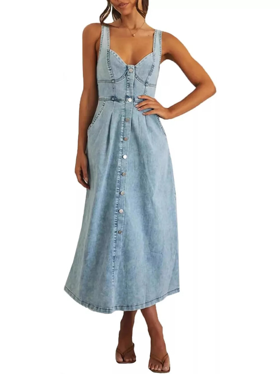 midi dress in light blue featuring pocketed and A-line fit