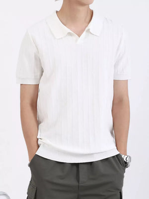 White ribbed knit polo shirt for men with short sleeves and a classic collar.