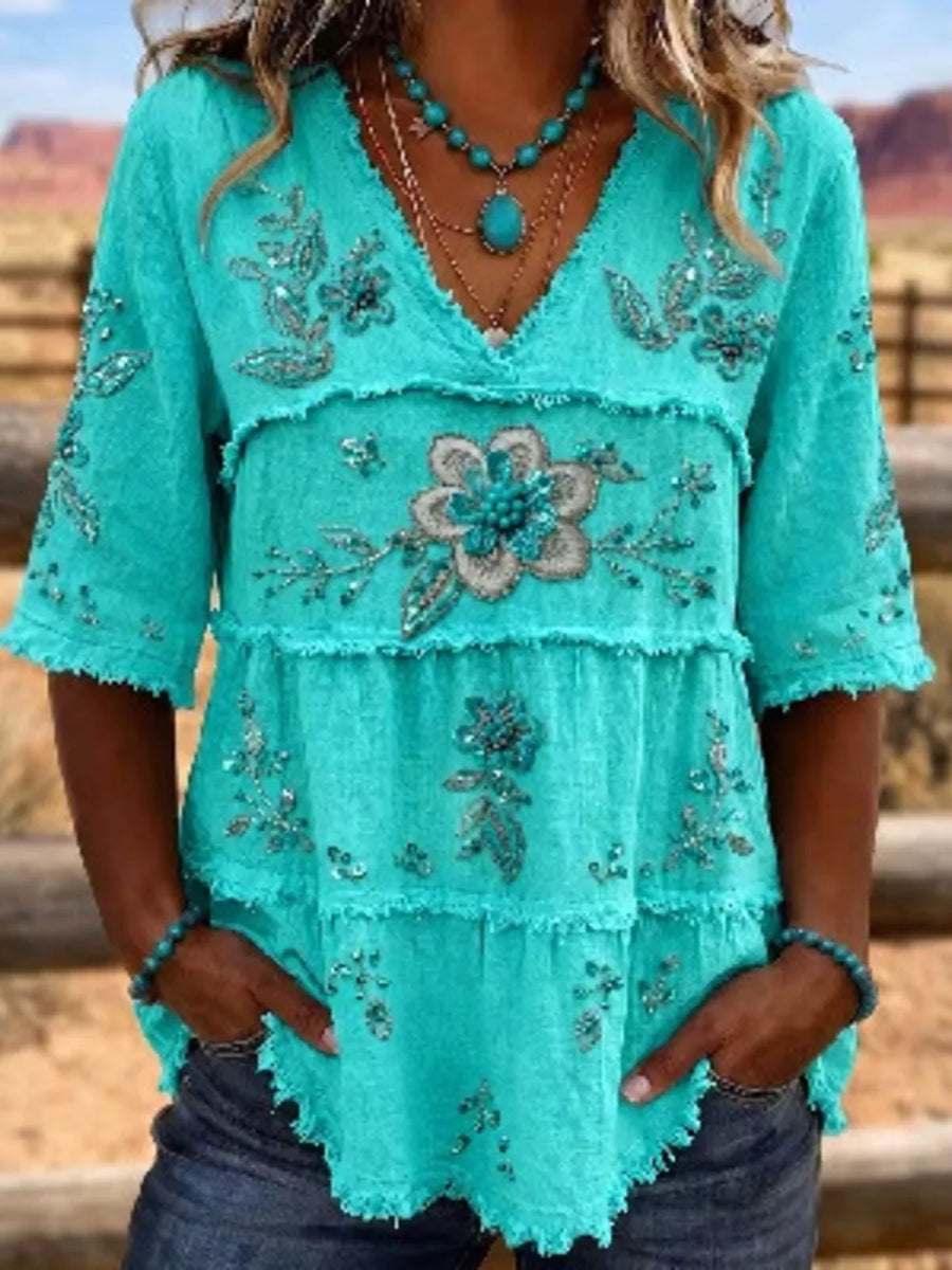 Blue blouse with embroidered and elbow sleeve