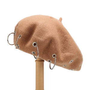 Metal Ring Embellished Beret Hat in Grey with metal rings