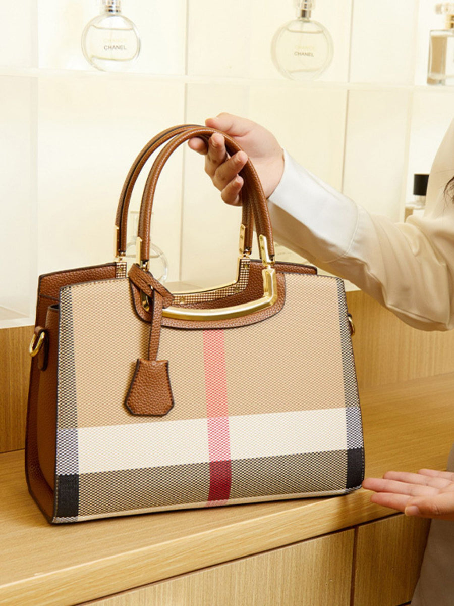 handbag featuring plaid in Tan with PU Leather Imported Size & texture