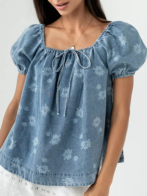 light blue blouse with floral and square neck