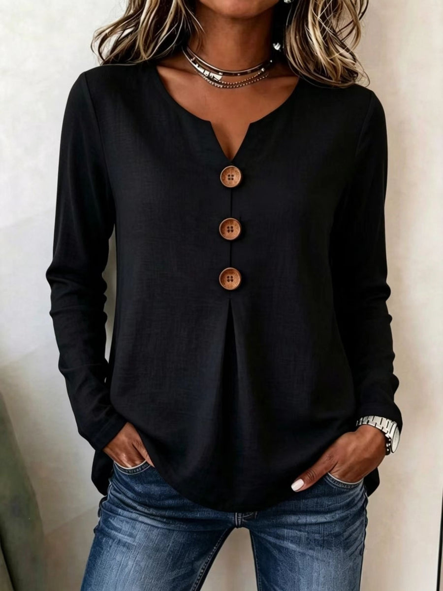Black relaxed blouse with notch v-neck