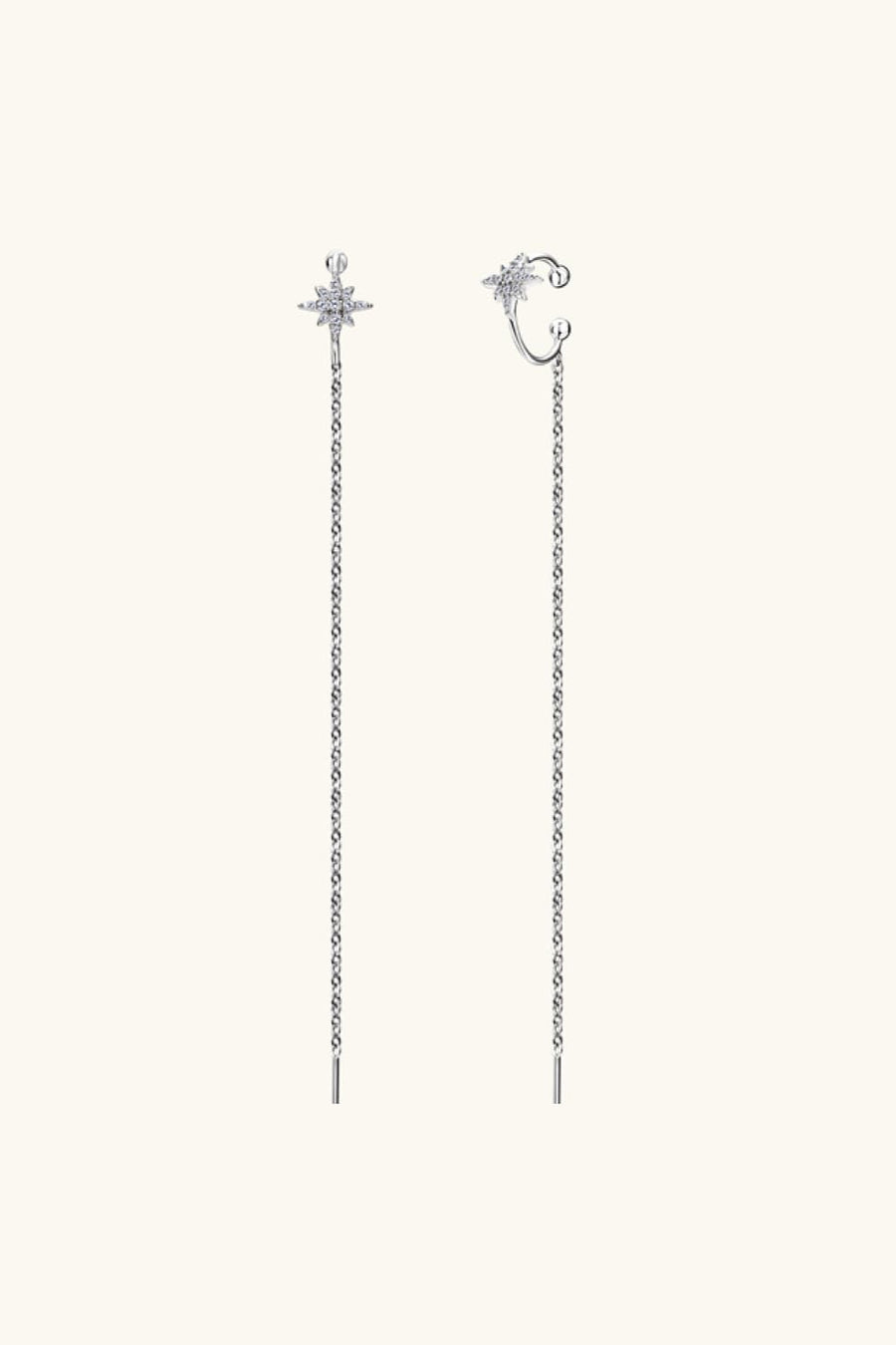 Silver threader earrings with moissanite starburst tops and long delicate chains.