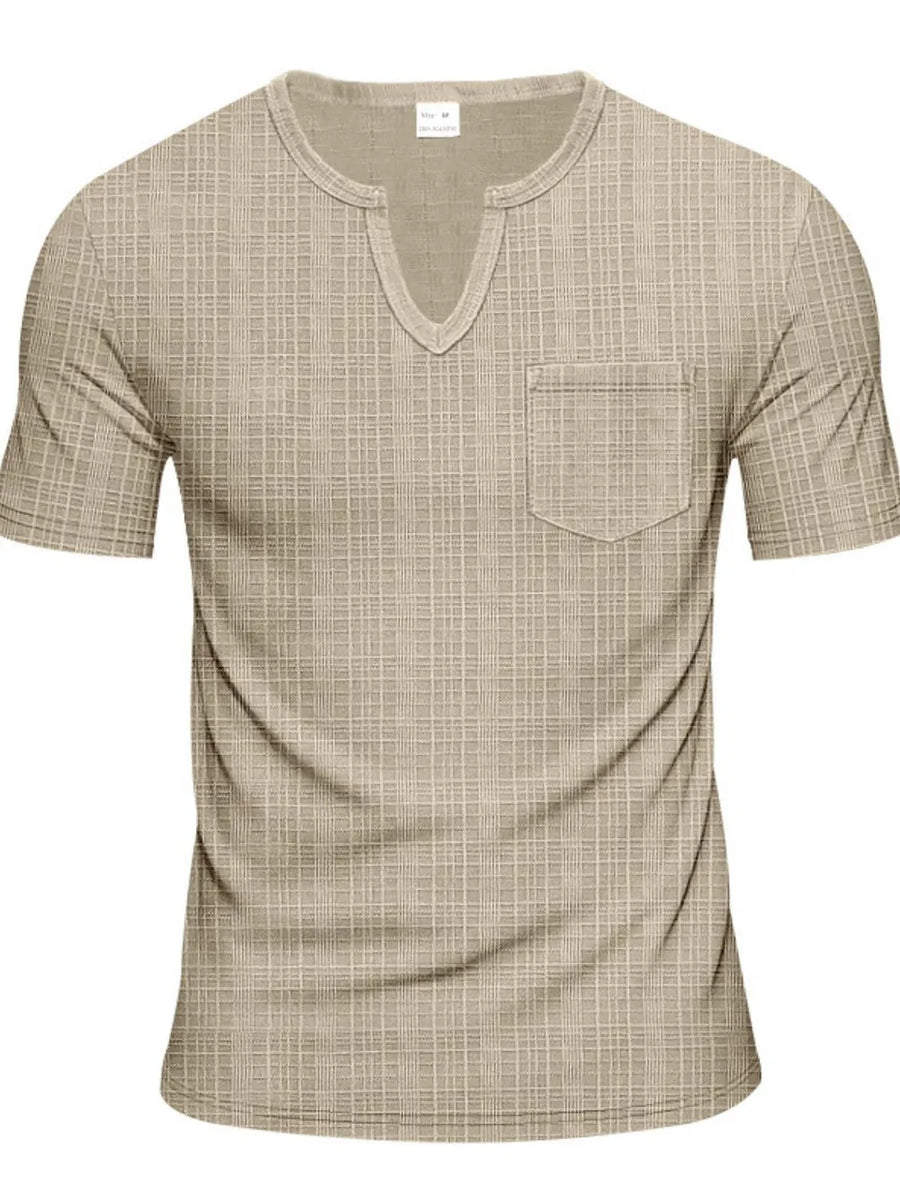 Khaki textured notch neck tee with short sleeves and a chest pocket.