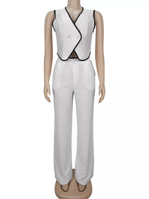 Khaki two-piece set with contrast stitching and sleeveless