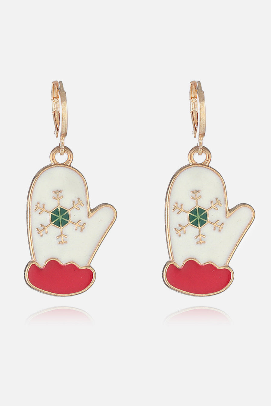 Festive white mitten hoop earrings with red cuff and snowflake detail.