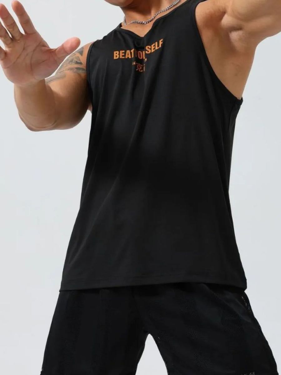 Black performance tank top with orange graphic inscription "BEAT O SELF" and Chinese characters.