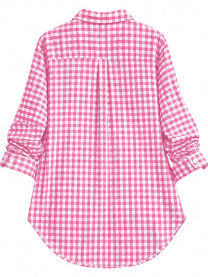 Plus Size Plaid Button-Down Shirt in Grey with pocketed