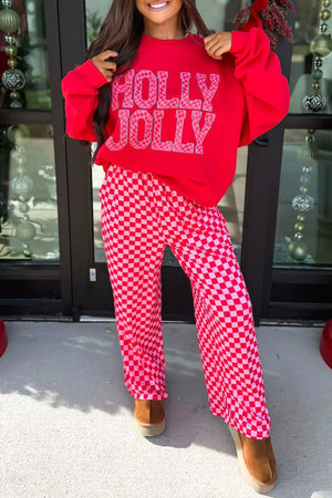 red pajama set with graphic, checkered and crew neck