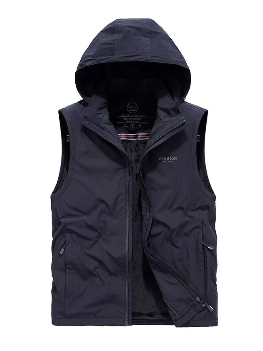 Navy hooded zip vest with fleece lining and "Fashion Milano" detail.