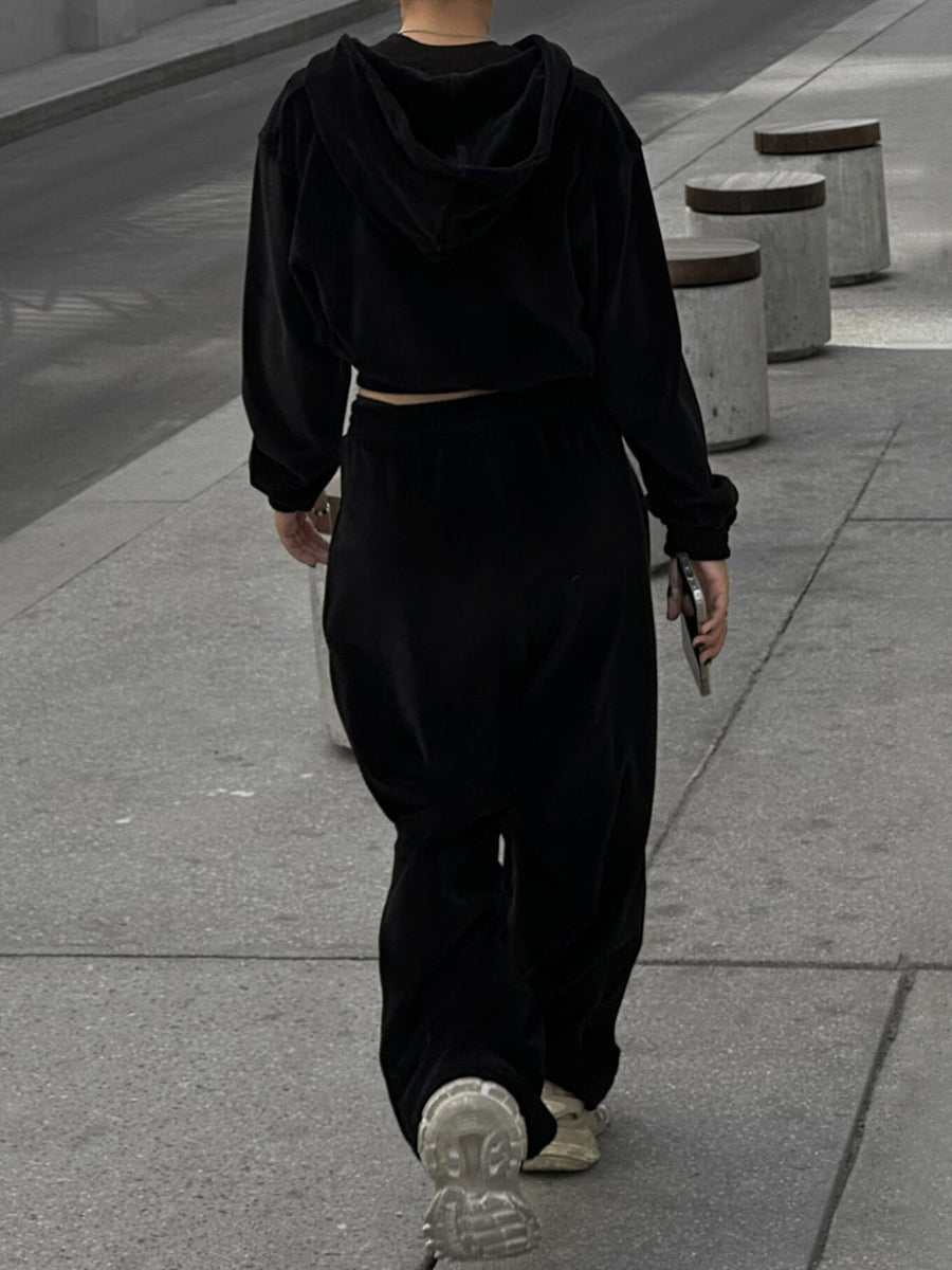 Black cropped zip hoodie and wide leg sweatpants set