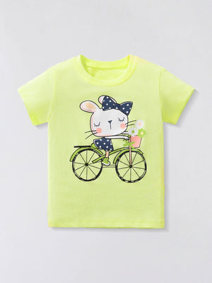 Toddler t-shirt in lime green with a graphic of a bunny riding a bicycle with a flower basket.