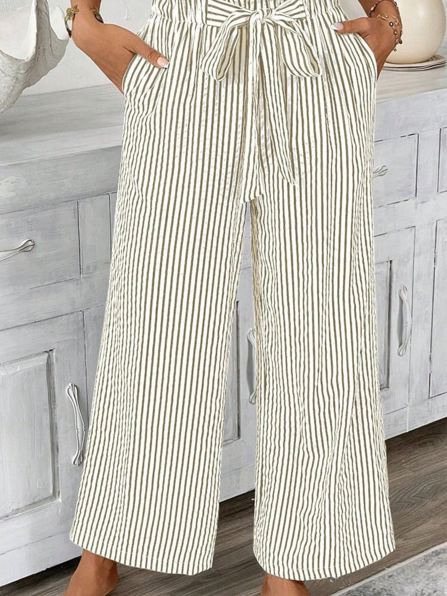 Maternity paper bag waist pants in army green and white stripe, with a tie belt and wide leg.