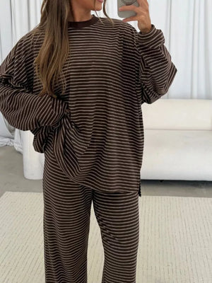 dark brown pajama set with mock neck and long sleeve