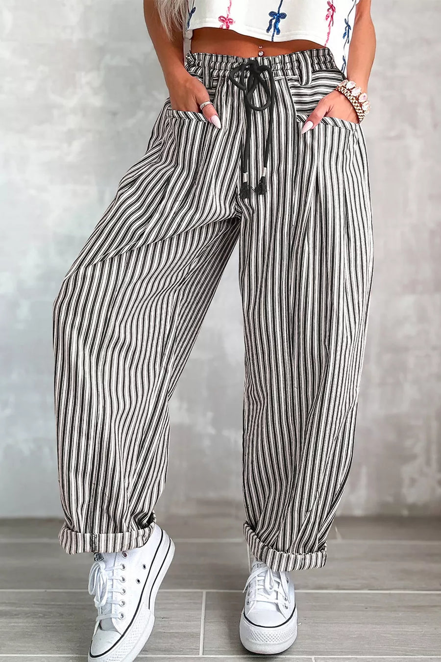 wide-leg pants in Dusty Pink with drawstring waist and full-length