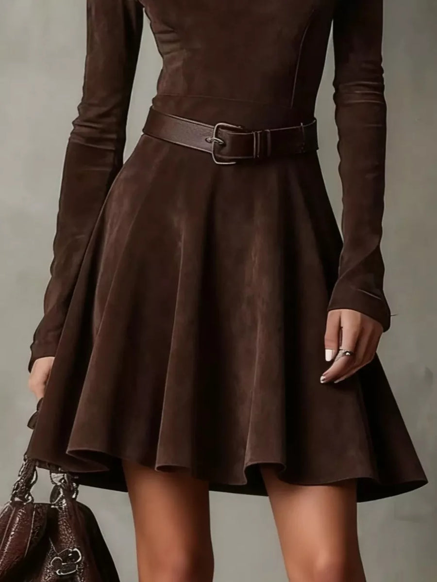 95% polyester, 5% elastane Care instructions: Machine wash cold A-line dress in chocolate brown with A-line silhouette