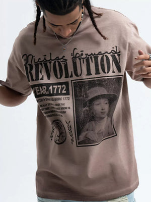 Khaki cotton oversized t-shirt with graphic print and vintage portrait detail.
