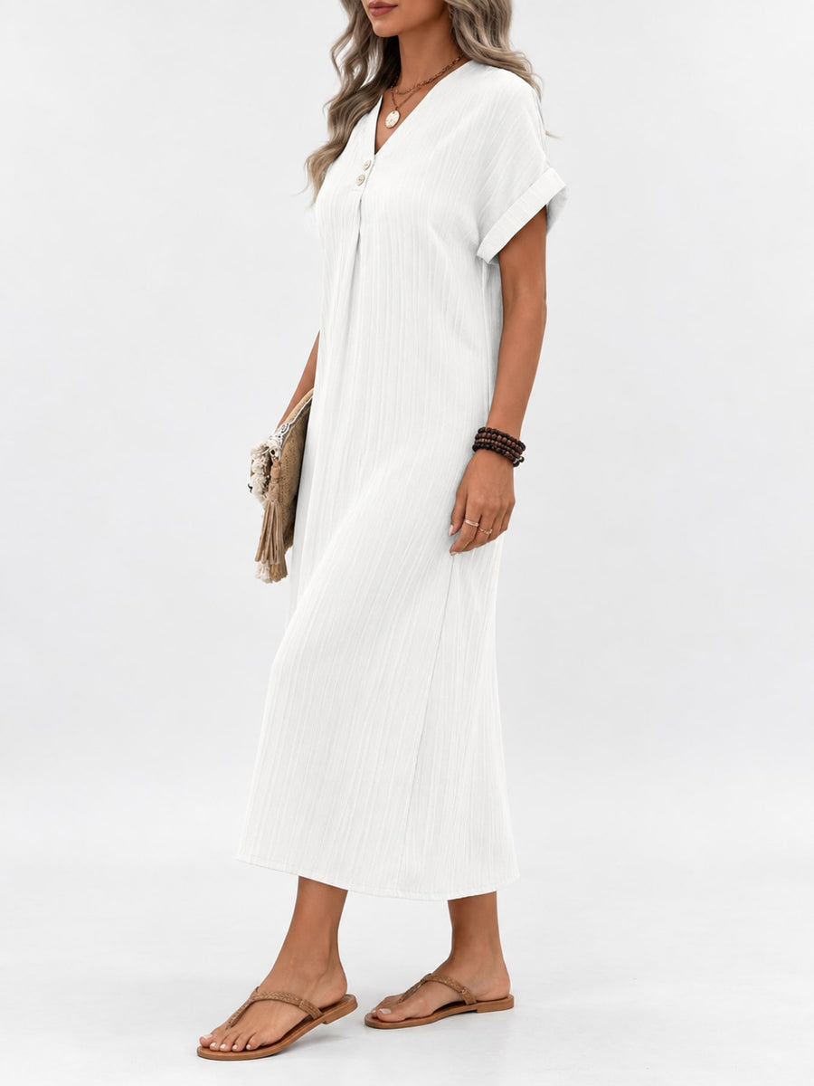 V-Neck Short Sleeve Midi Dress Plus Size in White with decorative button