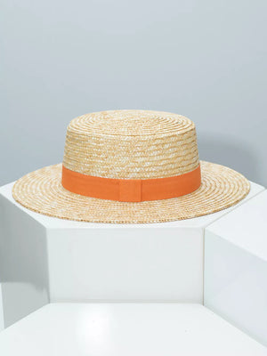 Women's straw boater hat with orange band