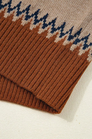 Geometric Pattern Long Sleeve Sweater in Taupe with ribbed cuffs