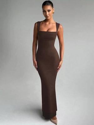 Brown bodycon maxi dress with square neckline and sleeveless cut.
