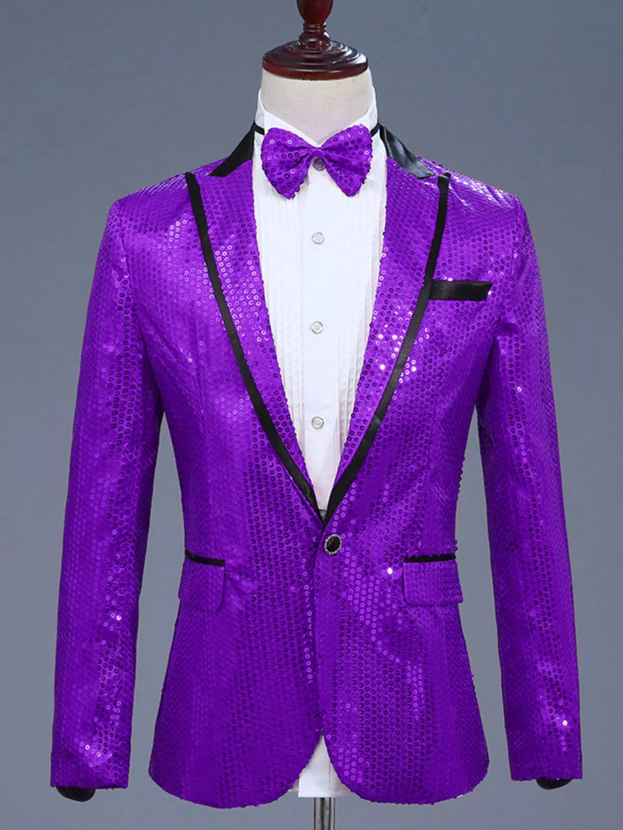 Men's purple sequin one-button tuxedo blazer with black lapels and matching bow tie.