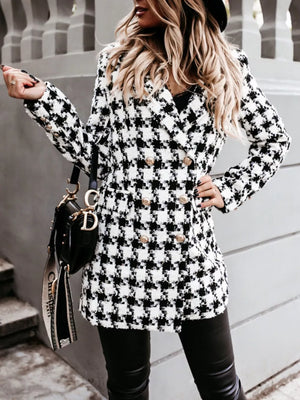 white overcoat featuring double-breasted and houndstooth