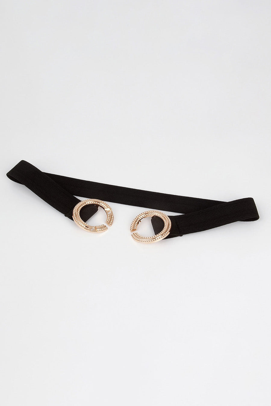 Black stretch belt with double embellished gold-tone hoop details