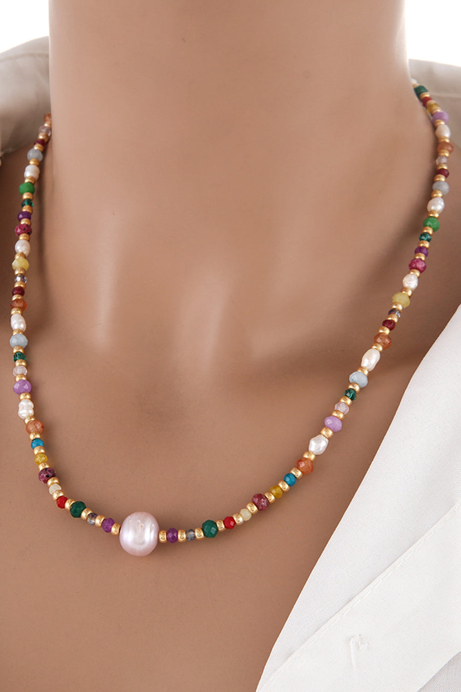 Multicolor beaded gemstone and pearl necklace with gold accents