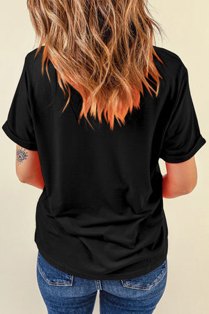 Black cotton t-shirt with rhinestone "Love" graphic detail and rolled sleeves.