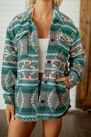 shacket in charcoal with geometric and buttoned