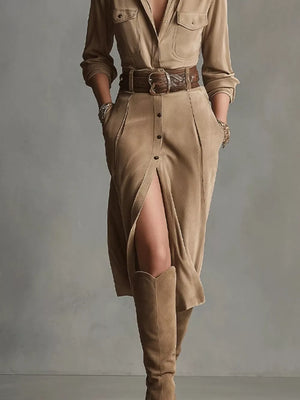 camel shirt dress with midi and button-front