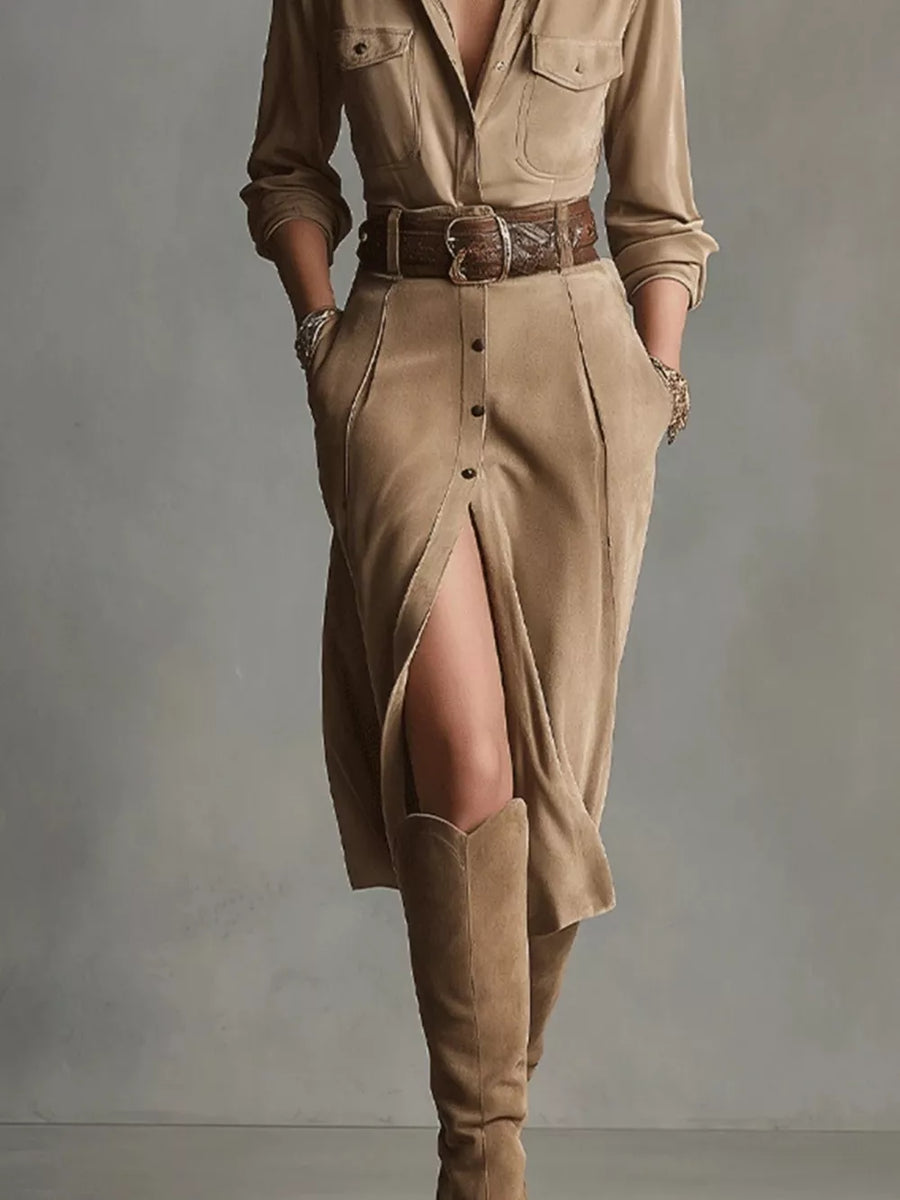 camel shirt dress with midi and button-front