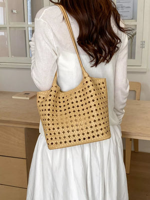black shoulder bag with open-top and woven