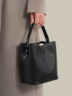 PU Leather Imported Size & crossbody bag in Black with bucket silhouette