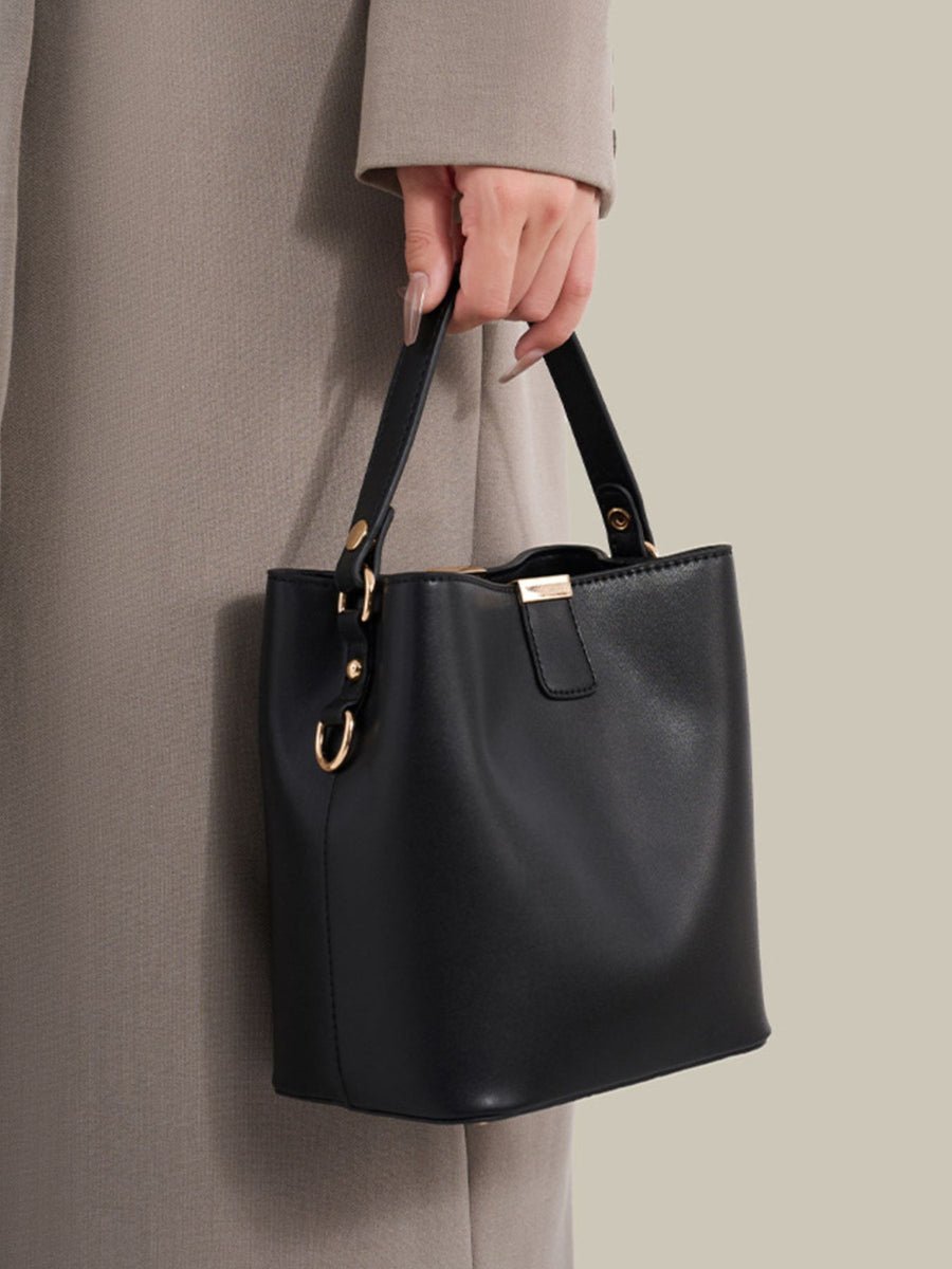 PU Leather Imported Size & crossbody bag in Black with bucket silhouette