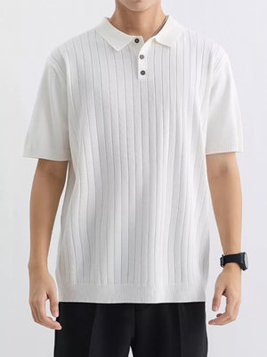White ribbed knit short sleeve polo shirt with a classic collar and button placket.