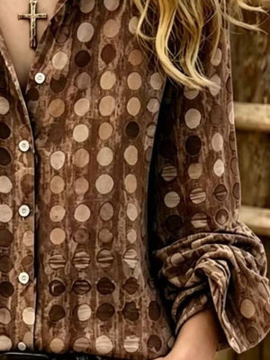 Brown button-up shirt with hip-length and button-front