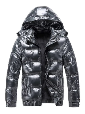 Men's reflective hooded puffer jacket in silver with a shiny finish and zip closure.