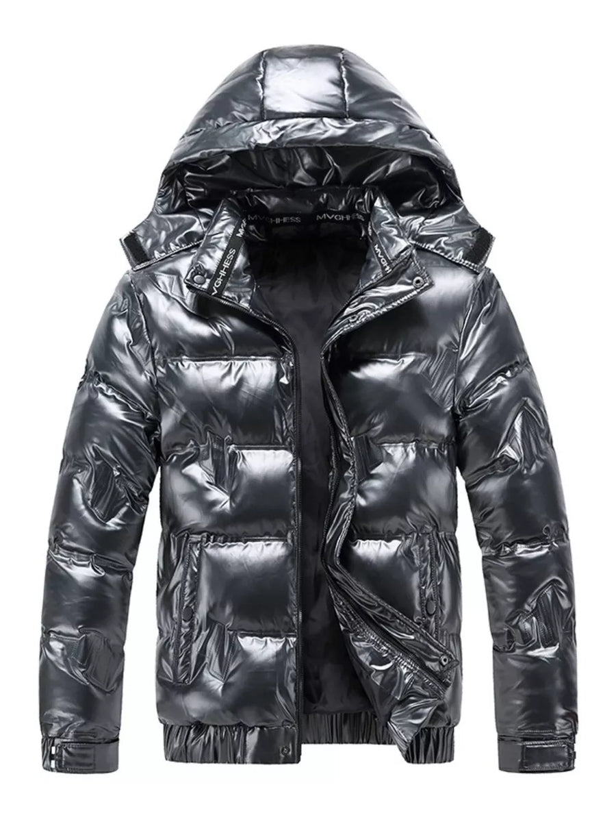 Men's reflective hooded puffer jacket in silver with a shiny finish and zip closure.