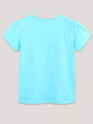 Toddler blue cotton t-shirt with puff sleeves and round neckline.